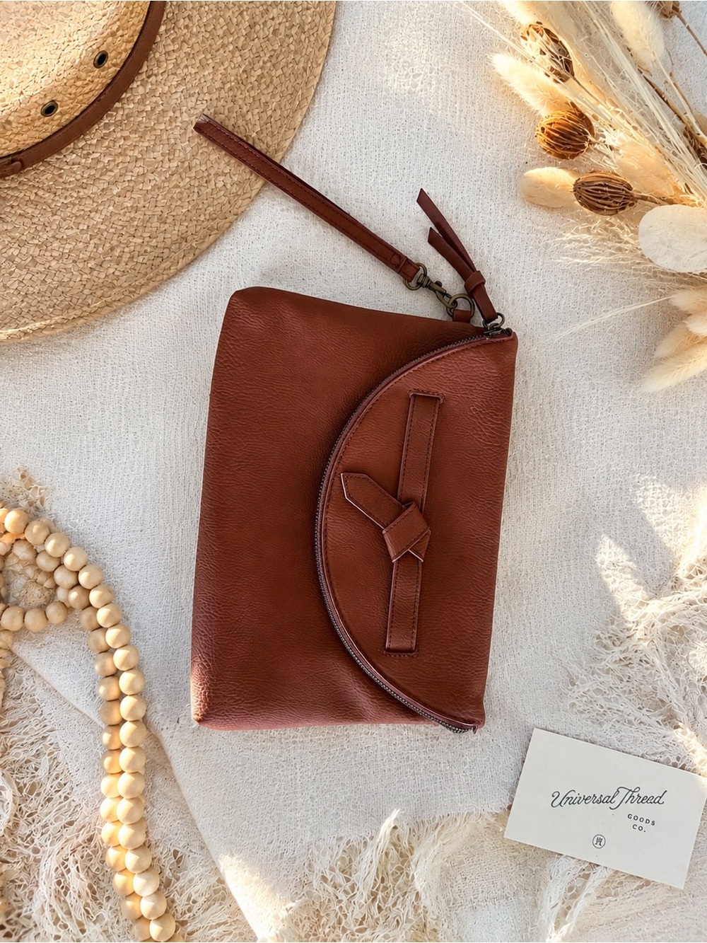 Universal Thread Brown Leather Wristlet Clutch with Knot Accent